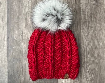 The Tovar Toque, Textured Knit Beanie, Knitted Women’s Beanie, Knitted Hat, Women’s Pompom Hat, Faux Fur Pompom Hat