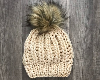 The Moab Beanie, Textured Knit Beanie, Knitted Women’s Beanie, Knitted Hat, Women’s Pompom Hat, Faux Fur Pompom Hat