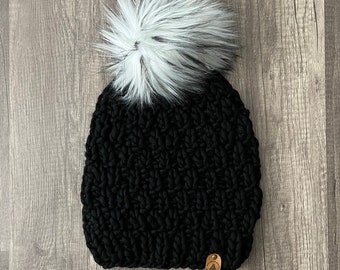 The Trek Beanie, Textured Knit Beanie, Knitted Women’s Beanie, Knitted Hat, Women’s Pompom Hat, Faux Fur Pompom Hat