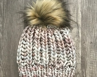 The Moab Beanie, Textured Knit Beanie, Knitted Women’s Beanie, Knitted Hat, Women’s Pompom Hat, Faux Fur Pompom Hat