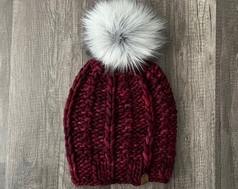 The Tovar Toque, Textured Knit Beanie, Knitted Women’s Beanie, Knitted Hat, Women’s Pompom Hat, Faux Fur Pompom Hat