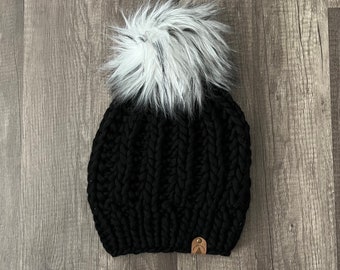 The Moab Beanie, Textured Knit Beanie, Knitted Women’s Beanie, Knitted Hat, Women’s Pompom Hat, Faux Fur Pompom Hat