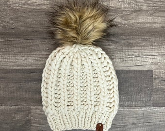 The Moab Beanie, Textured Knit Beanie, Knitted Women’s Beanie, Knitted Hat, Women’s Pompom Hat, Faux Fur Pompom Hat