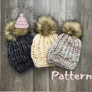 May include: Three knitted hats with faux fur pom poms in black, cream, and pink. The hats are made with a chunky yarn and have a cable knit pattern. The hats are arranged in a row on a wooden surface. The text "Melissa's Knits" is visible in a circle above the hats. The text "Pattern" is visible below the hats.