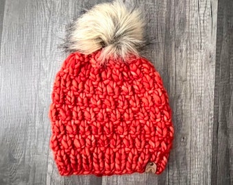 The Trek Beanie, Textured Knit Beanie, Knitted Women’s Beanie, Knitted Hat, Women’s Pompom Hat, Faux Fur Pompom Hat