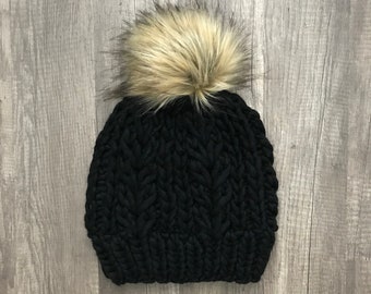 The Torrey Toque, Textured Knit Beanie, Knitted Women’s Beanie, Knitted Hat, Women’s Pompom Hat, Faux Fur Pompom Hat