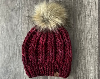 The Moab Beanie, Textured Knit Beanie, Knitted Women’s Beanie, Knitted Hat, Women’s Pompom Hat, Faux Fur Pompom Hat