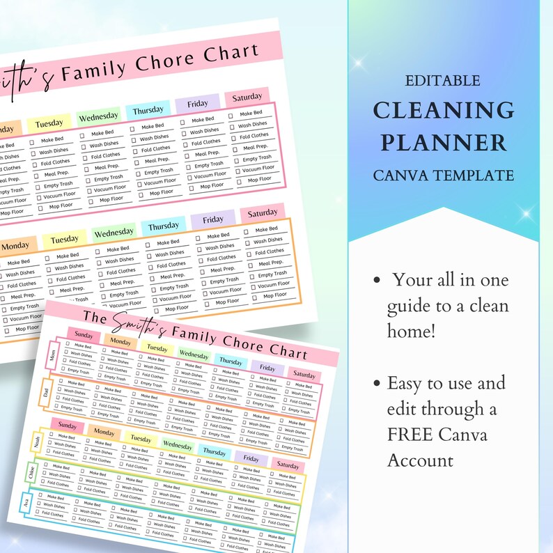 Editable Family Chore Chart, Cleaning Planner Template Bundle, Deep ...