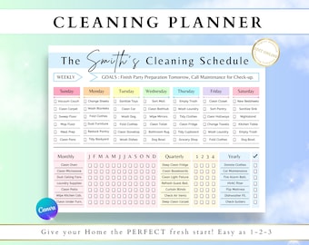May include: A printable cleaning schedule checklist with a colorful rainbow design. The checklist includes daily, weekly, monthly, quarterly, and yearly cleaning tasks. The title of the checklist is "The Smith's Cleaning Schedule".
