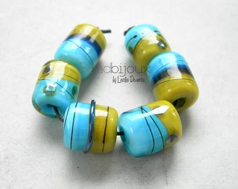 Beadbijoux Turquoise Blue Chartreuse Ocher Green Barrel Glass Bead Set - SRA Handmade Artisan Lampwork Glass Beads by Leslie Deaunne