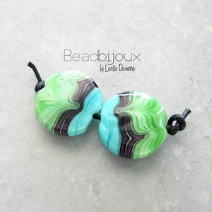 Beadbijoux Striped Spree Bead Pair in Purple, Green and Aqua Blue - SRA Handmade Artisan Lampwork Glass Beads by Leslie Deaunne