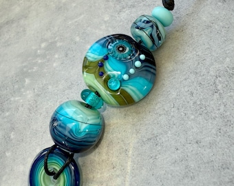 Teal Lampwork Glass Bead Set: Handmade Artisan Focal Beads