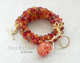 14k Gold Handwoven Chunky Crystal Bead Bracelet with Artisan Handmade Lampwork Glass Beads Red Orange Topaz