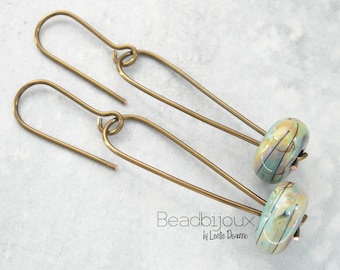 Modern Dangle Earrings in Vintaj Natural Brass Lampwork Glass Beads in Organic Neutral Copper Peach Blue Green