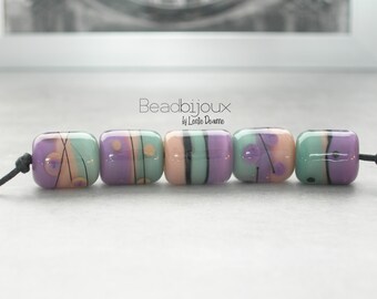 Beadbijoux Purple Peach Seafoam Green Barrel Lampwork Glass Bead Set - SRA Handmade Artisan Lampwork Glass Beads by Leslie Deaunne