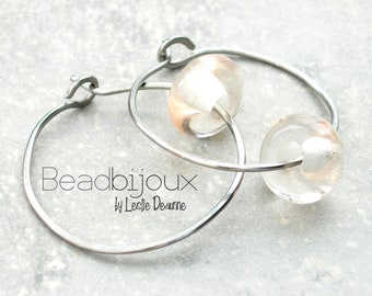 Silver Minimalist Hoop Earrings in Hypoallergenic Stainless Steel and Clear Lampwork Glass Beads