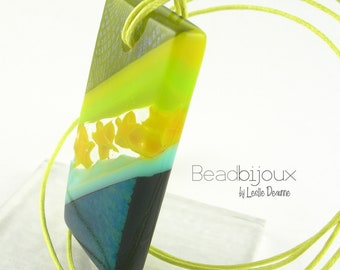 Murrini Geometric Fused Glass Pendant Adjustable Necklace in Chartreuse Lime Green Yellow Turquoise Aqua Blue