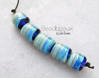 Beadbijoux Iridescent Opal Cobalt Aqua Blue Olive Barrel Glass Bead Set - SRA Handmade Artisan Lampwork Glass Beads by Leslie Deaunne