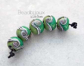 Beadbijoux Black White Green Murrini Round Lampwork Glass Bead Set - SRA Handmade Artisan Lampwork Glass Beads by Leslie Deaunne