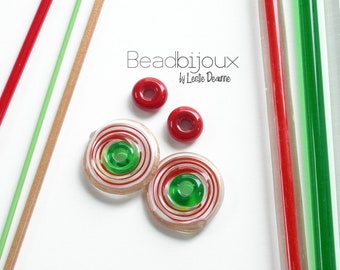 Christmas Handmade Artisan Glass Lampwork Bead Set Loose Beads Pair SRA in Emerald Green Ruby Red White Goldstone