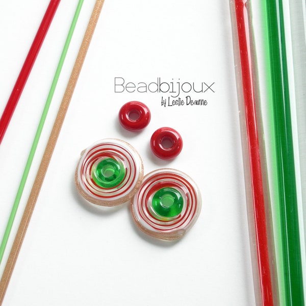 Christmas Handmade Artisan Glass Lampwork Bead Set Loose Beads Pair SRA in Emerald Green Ruby Red White Goldstone