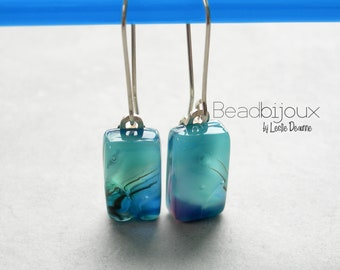 Sterling Silver Long Dangle Earrings with Handmade Fused Glass Beads in Abstract Multicolor Navy Blue Teal Turquoise Blue