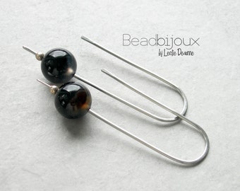 Silver Minimalist Dangle Threader Earrings in Hypoallergenic Stainless Steel Sterling Silver and Black Agate