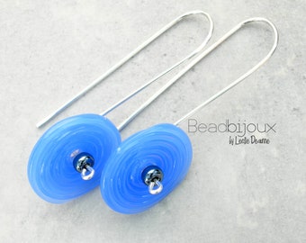 Modern Sterling Silver Dangle Threader Earrings with Handmade Lampwork Glass Beads in Alabaster Periwinkle Blue