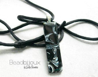 Black and White Abstract Fused Glass Pendant Necklace on Adjustable Satin Cord with Sliding Knots