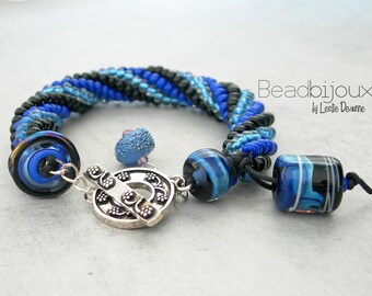 Sterling Silver Handwoven Spiral Glass Seed Bead Bracelet with Artisan Handmade Lampwork Glass Beads in Royal Cobalt Navy Blue and Black