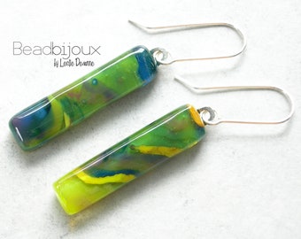 Sterling Silver Long Dangle Earrings with Handmade Fused Glass Beads in Abstract Multicolor Navy Blue Olive Ocher Green Yellow