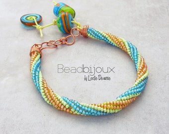 Copper Handwoven Spiral Glass Seed Bead Bracelet with Artisan Handmade Lampwork Glass Beads in Lime Green Orange Turquoise Aqua Blue