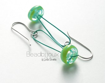 Modern Dangle Earrings in Hypoallergenic Stainless Steel Lampwork Glass Beads in Turquoise and Lime Green