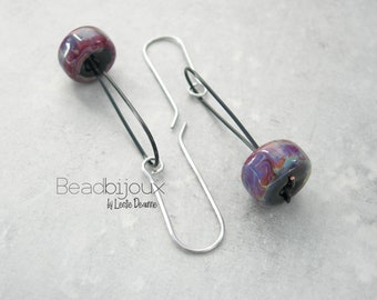 Modern Dangle Earrings in Black and Silver with Multicolor Tie-Dye Lampwork Glass Beads