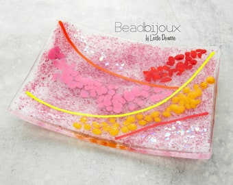 Bright Colorful Rectangle Fused Glass Sushi Plate Dish Candle Holder Catch All Tray Art Glass in Pink Yellow Orange Red Sparkle Glitter