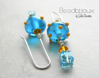 Sterling Silver Dangle Threader Earrings with Handmade Lampwork Glass Beads in Turquoise Aqua Blue and Orange