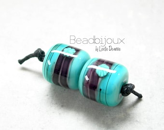 Teal Turquoise Lampwork Glass Bead Pair: Handmade Artisan Barrel Beads