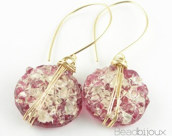 14k Gold Pink Pearl Champagne Fused Lampwork Glass Dangle Earrings