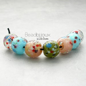 Beadbijoux Multicolor Peach Blue Green Ribbed Round Lampwork Glass Bead Set - SRA Handmade Artisan Lampwork Glass Beads by Leslie Deaunne