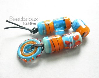 Handmade Artisan Lampwork Glass Bead Set Loose Beads SRA in Orange and Aqua Sky Blue