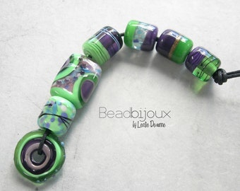 Beadbijoux Handmade Artisan Lampwork Glass Bead Set Loose Beads SRA by Leslie Deaunne in Sage Green Violet Purple