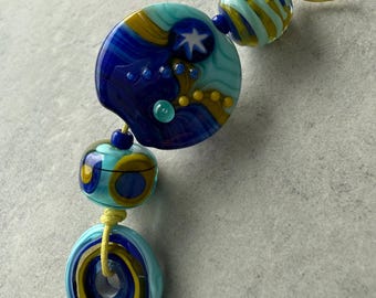 Focal Lampwork Glass Bead Set: Handmade Artisan Glass Beads Blue Chartreuse Teal