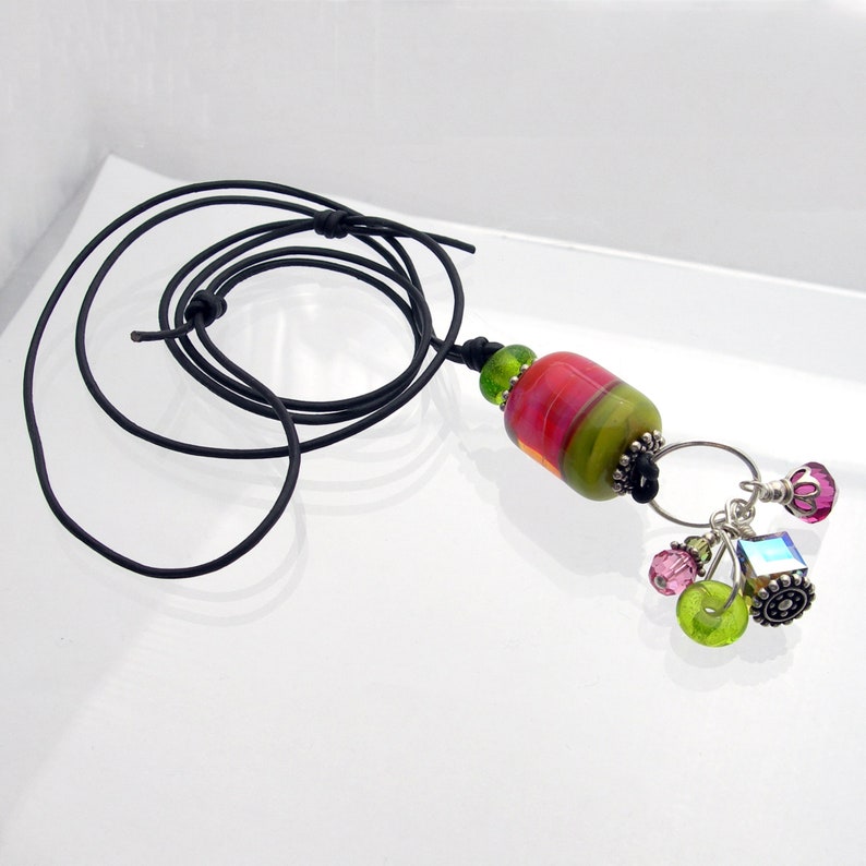 Lampwork Glass Cluster Dangle Pendant Long Leather Adjustable Necklace Sterling Silver Crystals Olive Lime Chartreuse Green Hot Pink image 4