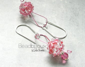 Sterling Silver Dangle Earrings with Handmade Lampwork Glass Beads and Crystals in Pink