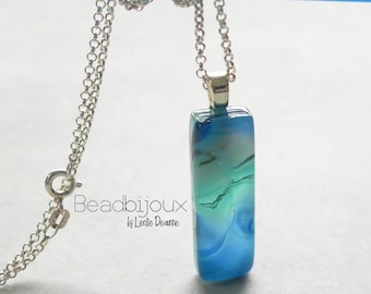 Multicolor Teal Blue Abstract Fused Glass Mini Pendant Necklace on 18 inch Sterling Silver Rolo Chain with Clasp