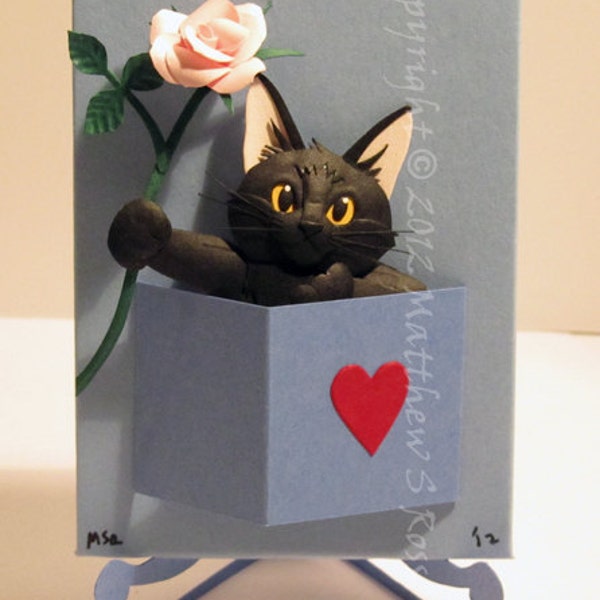 Black Kitten with a Rose ACEO Valentine's Day Paper Sculpture M Ross