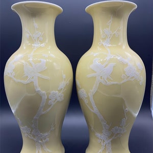 Elegant Hand-Painted Floral Vase Artisan Yellow Ceramic Vase with Birds Unique Handcrafted Decorative Vase