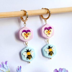 Pansy and Bee Earrings: Polymer Clay Floral Garden Jewelry