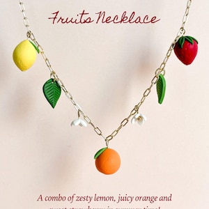 Miniature Fruit Clay Necklace: Handmade Strawberry, Lemon, Orange Charm