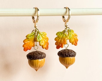 Acorn Oak Leaf Earrings: Handmade Polymer Clay Thanksgiving Gift for Nature Lovers